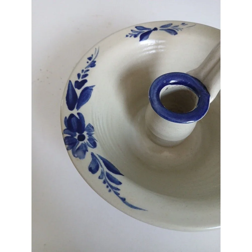 Vtg Williamsburg Pottery Salt Glazed Blue Stencil  Crock Candlestick Holder